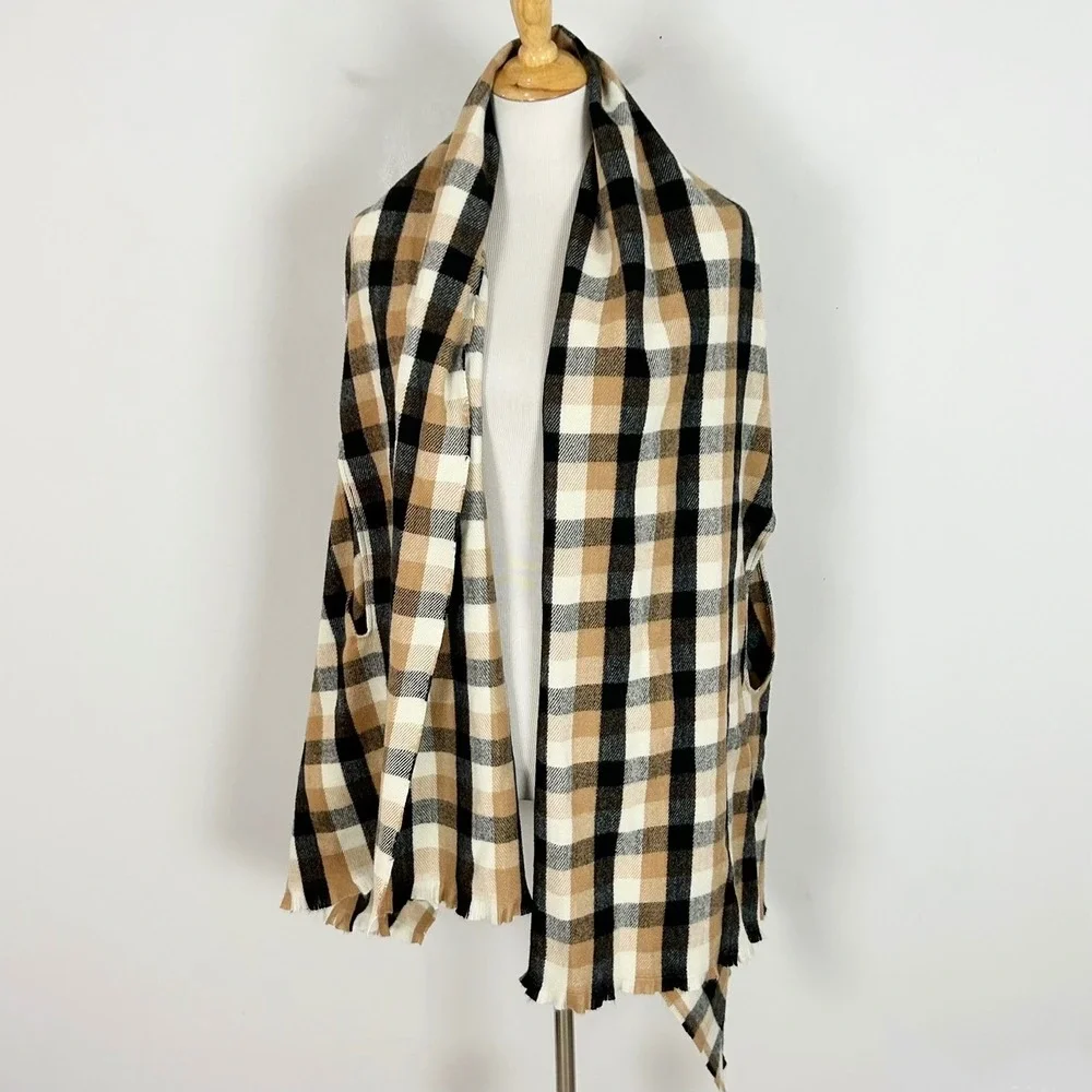 A New Day Women Plaid Ruana Wrap Scarf Arm Slits Brown Black OSFM NEW